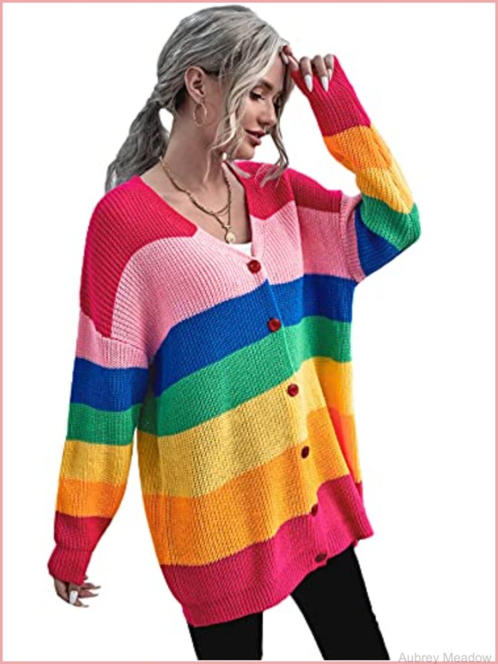 Rainbow Striped Print Button Front Long Sleeve Cardigan Sweater Oversized V-Neck